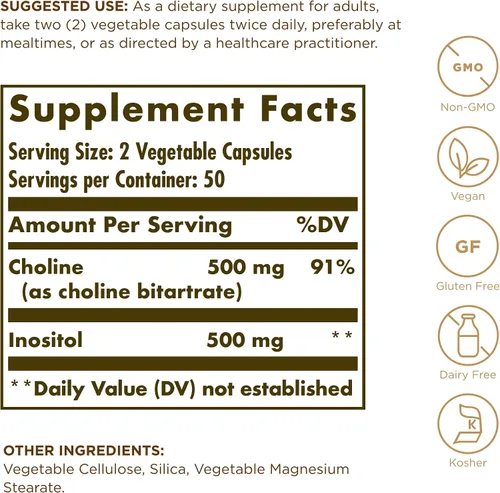 Miniatura 2 de Solgar Colina/Inositol 500 mg/500 mg, 100 cápsulas vegetales (paquete de 2) – Metabolismo energético, salud hepática, esencial para la función