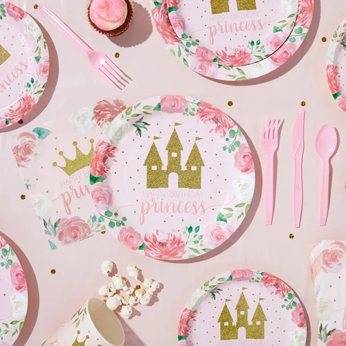 Miniatura 3 de BLUE PANDA Kit de decoración de princesa para fiesta de cumpleaños, 194 piezas, diseño floral rosa y castillo dorado, platos y servilletas, tazas