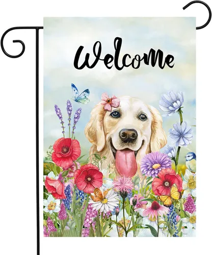 Bandera floral de jardín Golden Retriever para jardín, banderas de bienvenida para exteriores de 12 x 18 pulgadas, bandera de perro de flores de