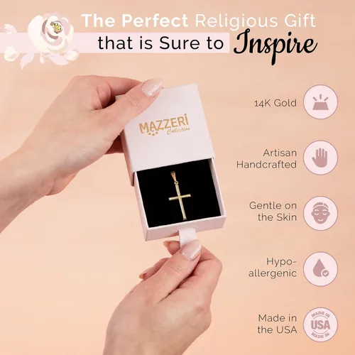 Miniatura 5 de MAZZERI Colgante de cruz de oro de 14 quilates, dijes religiosos de oro hipoalergénico para hombres y mujeres, hecho a mano en los Estados Unidos