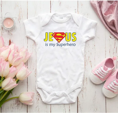 Miniatura 2 de TripleBDesigns Jesus is my Superhero Christian Baptism Religioso - Mameluco para bebé recién nacido