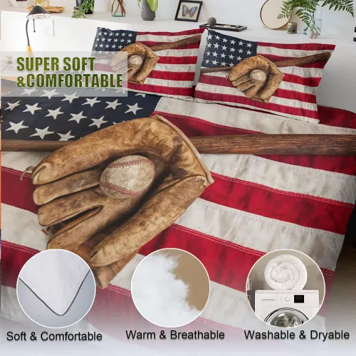 Miniatura 5 de Juego de ropa de cama de béisbol para niños, juego de edredón de bandera estadounidense con temática deportiva, tamaño individual, decoración