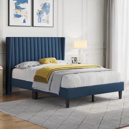 Miniatura 3 de Yaheetech Armazón de Cama Tamaño Completo, Cama Plataforma Tapizada con Cabecera de Borde Alado, Tela Acolchada Cuadrada/Base de Colchón/Soporte