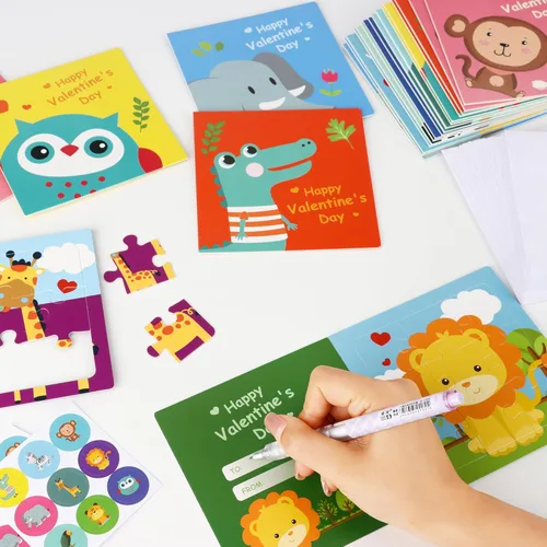 Miniatura 4 de Tarjetas de rompecabezas para el día de San Valentín para niños, paquete de 27 tarjetas de rompecabezas de animales con sobres y calcomanías a