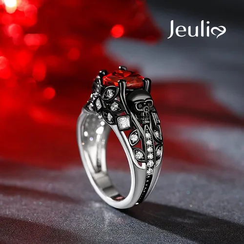 Miniatura 4 de Jeulia Juego de anillos de compromiso de calavera de 2.55 quilates, plata de ley con corte de corazón, diamantes rojos, anillos de rubí, circonita