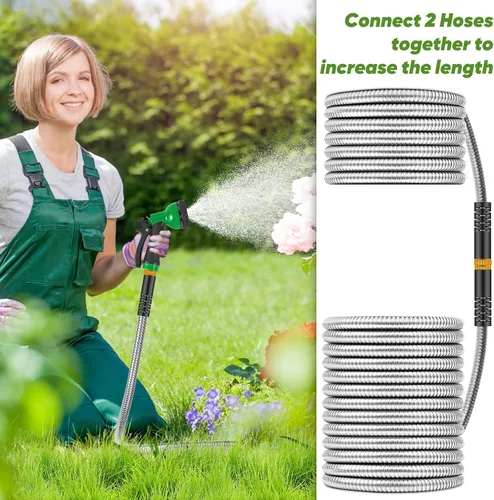 Miniatura 6 de Manguera de jardín de 25 pies, manguera de agua resistente de acero inoxidable con boquilla de 10 funciones, flexible, ligera, sin torceduras, a