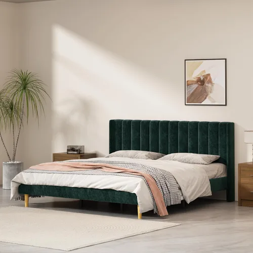 Miniatura 38 de Base de cama Queen con cabecero, base de cama de plataforma con respaldo de terciopelo vertical copetudo, soporte de listones de madera, no necesita