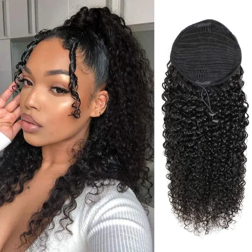 Miniatura 26 de Extensiones de pelo rizado con cordón para cola de caballo, extensiones de cabello humano para mujer con dos clips 1B# 120g/set (71cm)