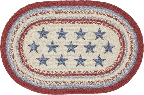 VHC Brands Celebration - Mantel individual para mesa de comedor, yute trenzado, ovalado, rojo y azul crema, 12 x 18 pulgadas
