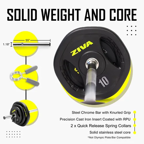Miniatura 5 de ZIVA Juego de pesas de 35 libras para estudio, kit de gimnasio en casa ajustable con placas de uretano de goma estándar, barra cromada de 5 pies