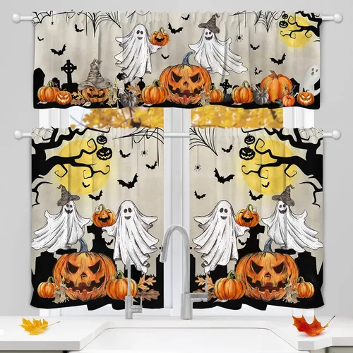 Miniatura 8 de pinata Juego de 3 cortinas de otoño para cocina, cenefa de cortinas de ventana de Acción de Gracias, cortina escalonada con bolsillo para barra