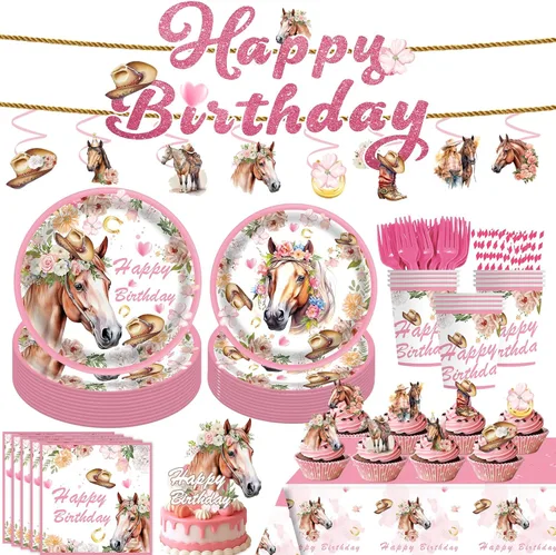 139 piezas de decoración de cumpleaños de caballo para niñas, decoración de fiesta de cumpleaños de vaquera, platos de fiesta de caballo,