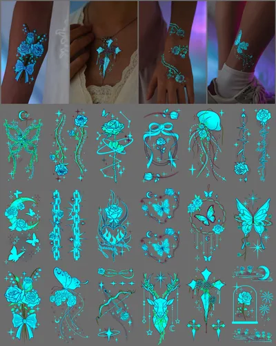 Miniatura 10 de 20 hojas de tatuajes temporales de mariposa que brillan en la oscuridad para mujeres, flores luminosas, mariposas, alas de tatuaje, calcomanías