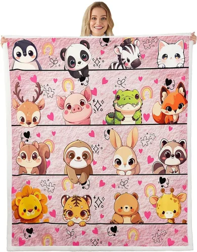Miniatura 27 de Manta de franela de animales de dibujos animados para todas las estaciones, manta de cama azul con estampado de amor Kawaii para decoración