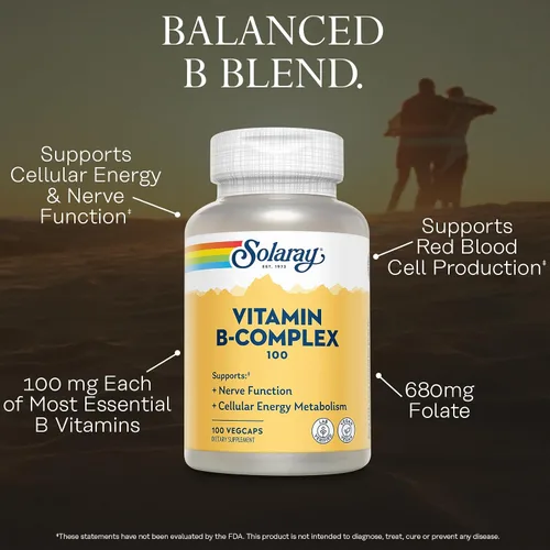 Miniatura 3 de SOLARAY Complejo de vitamina B de 100 mg – Energía celular, nervios y apoyo a la salud cardíaca – Suministra las 8 vitaminas del complejo B
