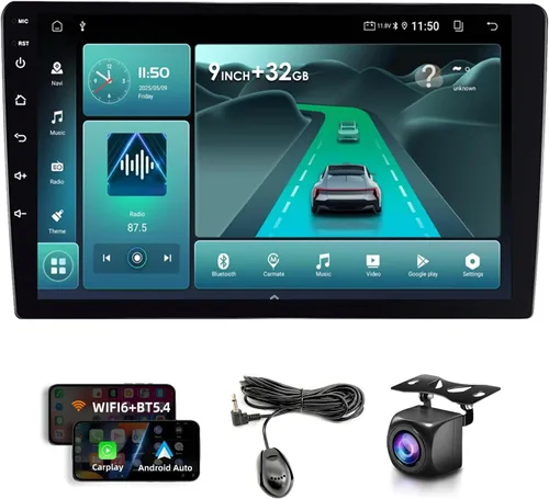 Estéreo de auto doble DIN con CarPlay inalámbrico y Android Auto, radio de coche Android de 9 pulgadas con cámara de respaldo, Bluetooth 5.4,