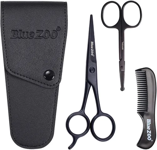 BlueZOO Kit de tijeras y peine para bigote de barba con bolsa de almacenamiento de poliuretano, tijeras de seguridad redondeadas para el pelo de la