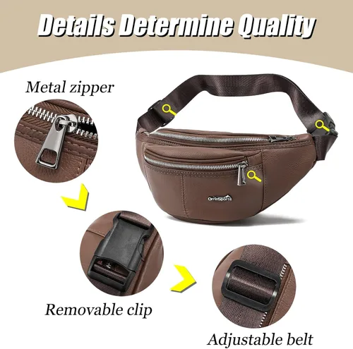 Miniatura 2 de Riñonera de cuero negro para hombres y mujeres, bolsa de cintura de cuero genuino con correa ajustable para caminar, senderismo, ciclismo, marrón