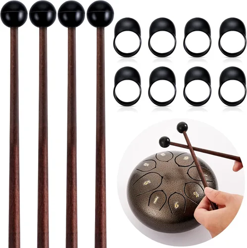 4 mazos de tambor de lengua de acero de 8 pulgadas, palitos Glockenspiel, mazo y 8 fundas para dedos, púas de goma de silicona para Gong Woodblock
