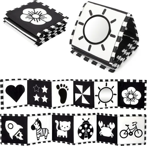 Miniatura 11 de URMYWO Juguetes con espejo para tiempo boca abajo, tarjetas de aprendizaje con estimulación visual, juguetes para bebés de alto contraste en blanco
