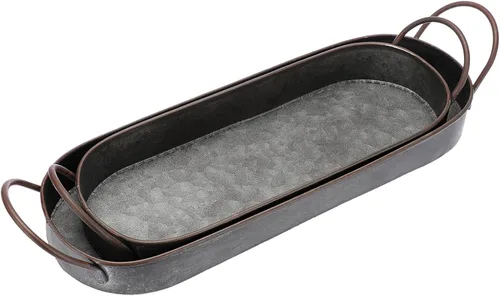 Miniatura 7 de Hipiwe Juego de 2 bandejas de hierro de metal galvanizado con asas, bandeja ovalada de granja, bandeja decorativa industrial rústica, bandeja