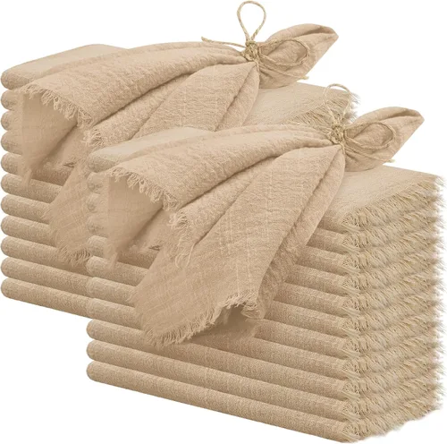 Miniatura 10 de 24 servilletas de tela hechas a mano con flecos beige, 16 x 16 pulgadas, delicadas servilletas de algodón rústico a granel para bodas, cenas, fiestas
