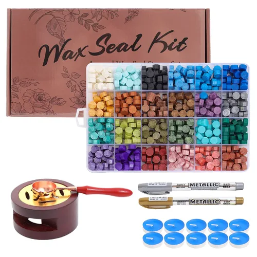 Kit de sellos de cera - Kit de sellos de 624 piezas con 24 colores, cuchara de sellado de cera, velas de té, calentador, bolígrafo