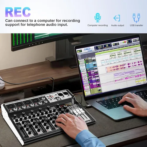 Miniatura 7 de Mezclador de audio profesional Riworal, consola de mezcla de 6 canales, interfaz de sonido, consola de mezcla de DJ, mezclador de audio con efecto