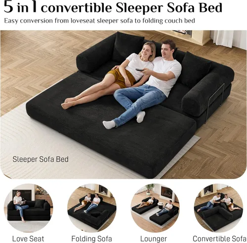 Miniatura 6 de DAMAIFROM Sofá cama convertible con almohada cilíndrica, sofá cama plegable de pana con marco de forma fija, sofá modular de suelo para sala de Negro