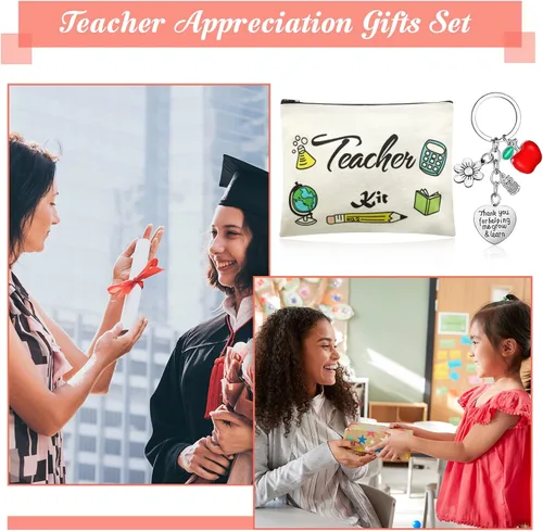 Miniatura 7 de Sureio Juego de 12 piezas de regalo de agradecimiento para profesores, 6 bolsas de cosméticos de maquillaje y 6 llaveros para profesores, regalos
