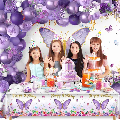 Miniatura 7 de Decoraciones de fiesta de mariposas, decoraciones temáticas de cumpleaños para niñas con kit de arco de globos, telón de fondo de fotografía