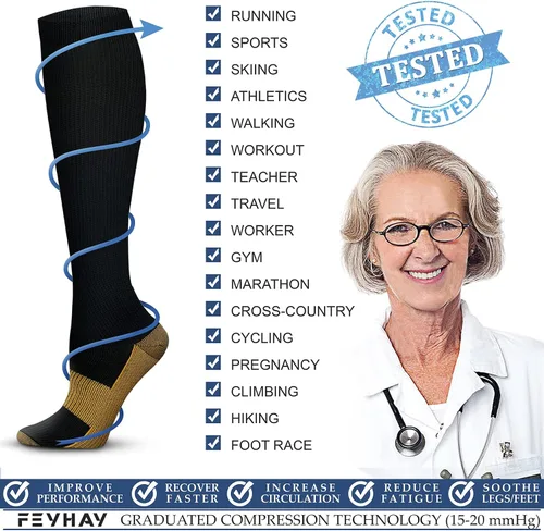 Miniatura 6 de FEYHAY Calcetines de compresión de cobre (3 pares) de 15-20 mmHg de circulación es la mejor atlética y diaria para hombres y mujeres, correr