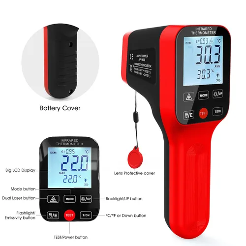 Miniatura 4 de Termómetro infrarrojo de 58℉~2912℉, pirómetro industrial para horno DS=30: 1Emisividad ajustable, retroiluminación, pistola termómetro de alta