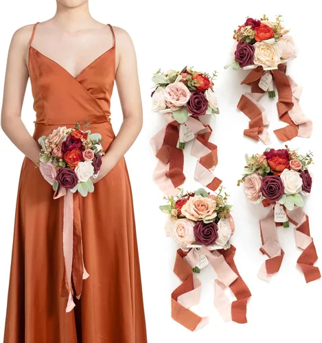 Ling's moment Flores Artificiales Ramo de Damas de Honor Naranja Quemado Juego de 4, Ramos de Flores de Boda para Damas de Honor, Ramos Nupciales de