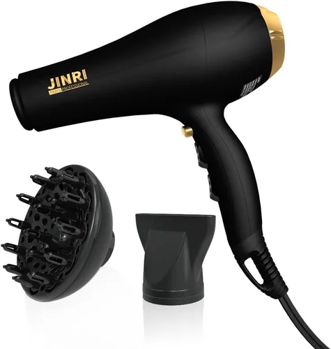 JINRI Secador de pelo de 2000 W con iones negativos e infrarrojos, negro, 3 de calor y 2 velocidades, entrada de aire desmontable,