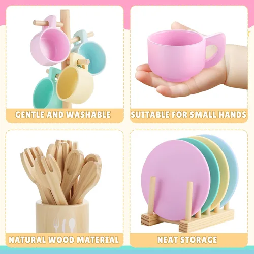 Miniatura 3 de GAGAKU Juego de Platos de Juguete de Madera para Niños - 27 Piezas Accesorios de Cocina de Juego Montessori Juego de Platos y Cuencos, Soporte