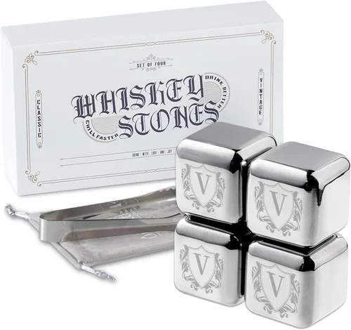 Miniatura 21 de Juego de regalos de piedras de whisky con inicial para hombres y mujeres, 4 piezas de rocas de whisky de acero inoxidable con bolsa y pinzas, cubos T