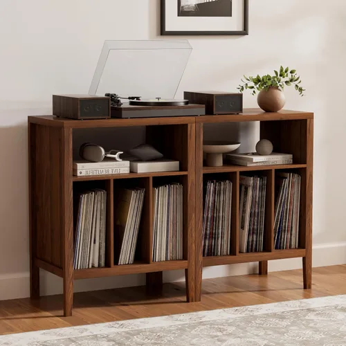 Miniatura 12 de Moderno soporte para tocadiscos, armario de almacenamiento de discos de vinilo con estante abierto, reproductor de discos de madera, organizador