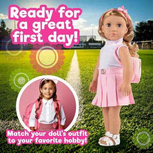 Miniatura 6 de Conjunto de 5 piezas de muñeca escolar casual de 18 pulgadas con mochila rosa, compatible con American Girl, juego de ropa y accesorios de alta