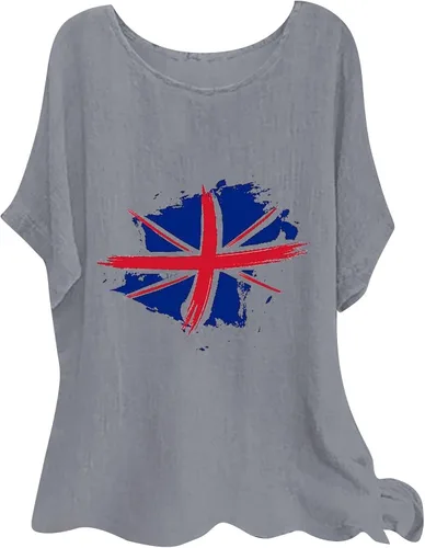 ZZWXWA Shirts for Women Trendy Short Sleeve Tunic Blouse Cotton Linen Loose Tops Printed Independence Day Crew-Neck T-Shirt