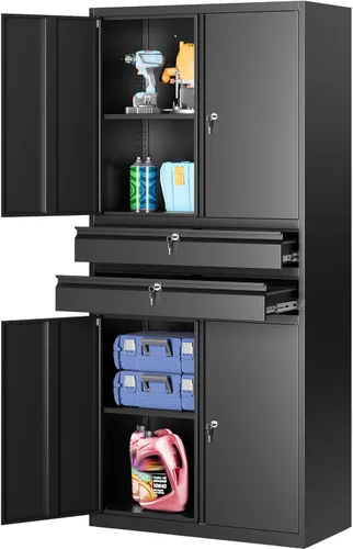 Miniatura 24 de SISESOL Armario de almacenamiento de metal con cajón y cerradura, gabinete de almacenamiento de metal negro con puertas de bloqueo y estantes