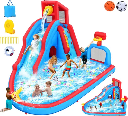 Miniatura 8 de Tobogán acuático inflable para niños, parque acuático 5 en 1 con tobogán para húmedo y seco, toboganes acuáticos inflables de 13 x 8.3 x 7.1 pies