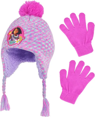 Miniatura 3 de Disney Encanto - Conjunto de gorro y guantes para niños, gorro de punto de invierno peruano Mirabel con borlas y guantes a juego, rosa, talla única