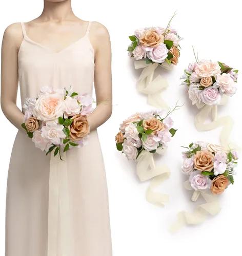 Miniatura 29 de Ling's moment Flores Artificiales Ramo de Damas de Honor Naranja Quemado Juego de 4, Ramos de Flores de Boda para Damas de Honor, Ramos Nupciales