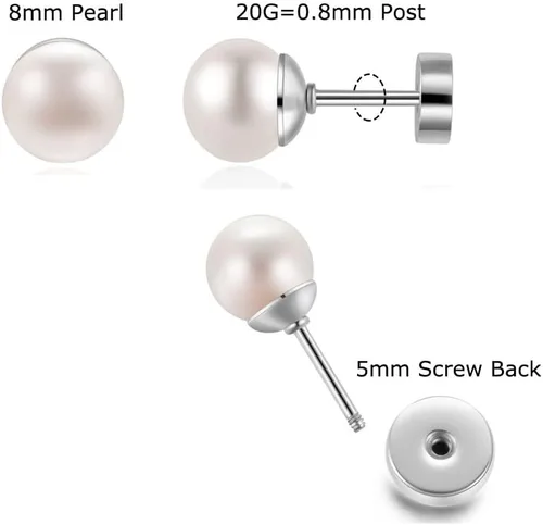 Miniatura 18 de Pearl Stud Earrings for Women,Flat Screw Back Pearl Helix Earrings Cartilage Earrings 316L Surgical Steel Piercing Jewelry Gift(7,8,9,10mm Pearl)