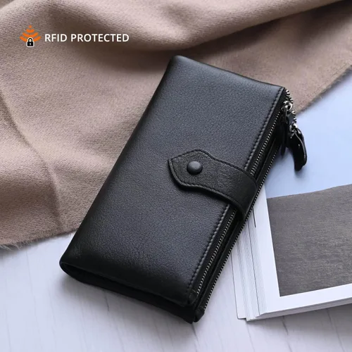 Miniatura 3 de Bveyzi - Cartera de cuero suave para mujer con bloqueo RFID, billetera plegable con doble cierre, porta-tarjetas para damas Soft, RFID Blocking