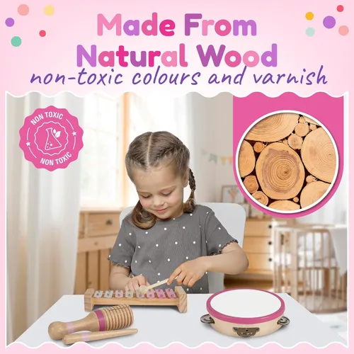 Miniatura 7 de Stoie's Instrumentos musicales de madera rosa para niños pequeños a partir de 3 años, juego de juguetes musicales Montessori con xilófono