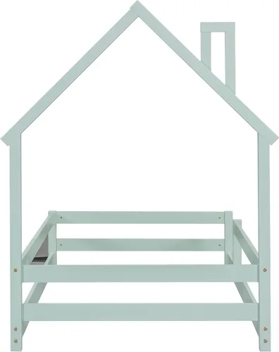 Miniatura 9 de Cama de plataforma de madera de tamaño individual con cabecero y cercas en forma de casa, sin tablillas, cama de piso para dormitorio de niños Verde