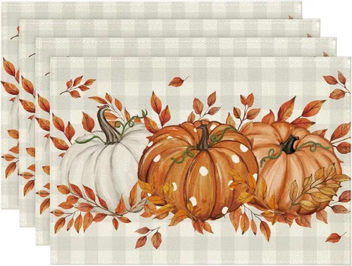 Miniatura 25 de Artoid Mode - Set de 2 manteles individuales de cuadros de búfalo con calabazas y hojas de eucalipto, manteles otoñales de 12x18 pulgadas para Azul