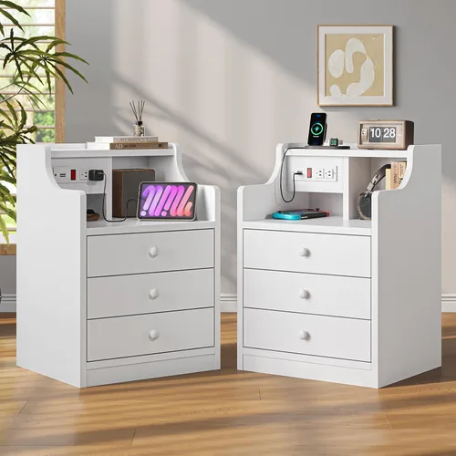Miniatura 14 de ADORNEVE - Mesita de noche con estación de carga, mesita negra para dormitorio, mesa auxiliar con aparador y cajones de almacenamiento